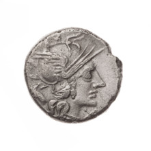 denarius, Iunius, M. (fl. 145 BC), publisher; Obv. Head of Roma in helmet facing right; behind her