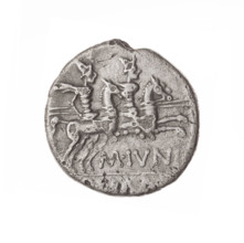 denarius, Iunius, M. (fl. 145 BC), publisher; Obv. Head of Roma in helmet right; behind her a