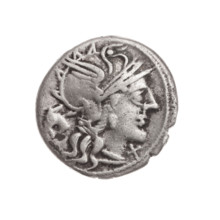 denarius, Iunius, M. (fl. 145 BC), publisher; Obv.: Head of Roma in helmet at right; behind her a