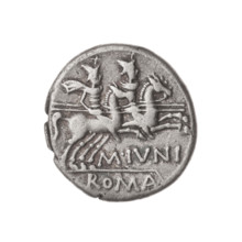 Denarius, M. Iunius (publisher), 145 BC. Obverse: Head of Roma in helmet at right; behind her a