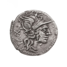 denarius, Iulius, L. (fl. 141 BC), publisher; Obv. Head of Roma in helmet facing right; behind her