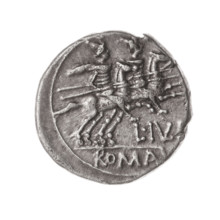 denarius, Iulius, L. (fl. 141 BC), publisher; Obv. Head of Roma in helmet right; behind her the