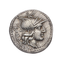 Denarius, publisher M. Tullius (fl. 120 BC). Obverse: head of Roma in a helmet facing right; behind