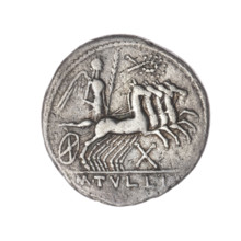 denarius, Tullius, M. (fl. 120 BC), publisher, Roma (mythology), horses, quadrigae, message,