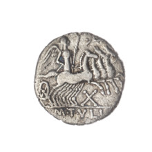 Denarius, M. Tullius (fl. 120 BC), publisher. Obv: Head of Roma in a helmet at right; behind her