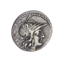 Denarius; M. Tullius (publisher, fl. 120 BC). Obverse: head of Roma in a helmet facing right;