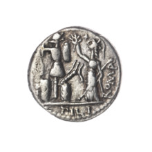 denarius, Furius Philus, M. (fl. 119 BC), publisher; Obv. Head of Janus in a laurel wreath; around