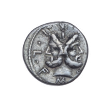 Denarius; M. Furius Philus (fl. 119 BC), issuer. Obverse: head of Janus in a laurel wreath;