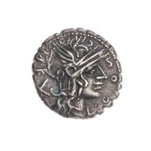Denarius serratus, 118 BC. Obverse: Head of Roma wearing an Attic helmet facing right; inscription
