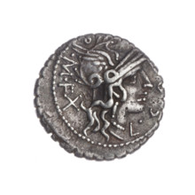 Denarius serratus. Obverse: Head of Roma in an Attic helmet facing right; around inscription L C O