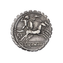 Denarius serratus; obverse: head of Roma in an Attic helmet facing right, inscription L.COSCO.MF (S