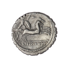 Denarius serratus, Pomponius, L. (fl. 118 BC), publisher; Licinius Crassus, L. (fl. 118 BC),
