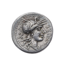 Denarius; obverse: helmeted head of Roma right, inscription Q.CVRT in front, sign of value X
