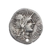 Denarius; publishers Q. Curtius and M. Silanus (fl. 116–115 BC). Obverse: Helmeted head of Roma
