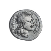 Denarius of M. Sergius Silus, 116–115 BC. Obverse: helmeted head of Roma right; before it the