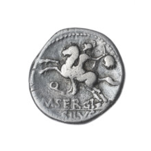 Denarius, Sergius Silus, M. (fl. 116–115 BC), publisher. Obverse: Helmeted head of Roma at right;