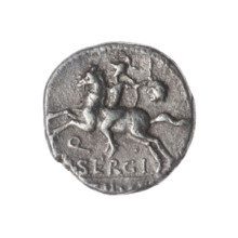 denarius, Sergius Silus, M. (fl. 116–115 BC), publisher; Roma (mythology), horses, helmets, riders,