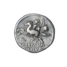 denarius, Sergius Silus, M. (fl. 116–115 BC), publisher; Roma (mythology); horses, helmets, swords,
