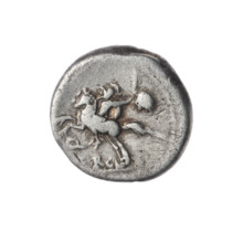 Denarius; issuer: M. Sergius Silus (fl. 116–115 BC), publisher. Obverse: Helmeted head of Roma