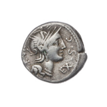 Denarius, Sergius Silus, M. (fl. 116–115 BC), publisher. Obverse: Helmeted head of Roma right; in