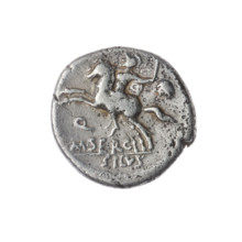 Denarius, Sergius Silus, M. (fl. 116–115 BC), publisher. Obverse: Helmeted head of Roma facing