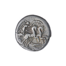 Denarius, Cipius M. (fl. 115–114 BC), publisher. Obverse: Head of Roma in a helmet facing right; in