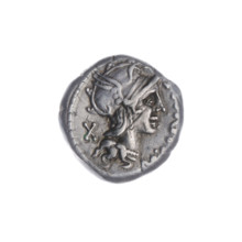 denarius, Cipius, M. (fl. 115–114 BC), publisher; Obv.: Head of Roma in a helmet at right; in front