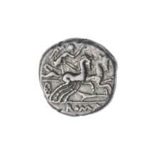 Denarius, publisher M. Cipius (fl. 115–114 BC). Obverse: head of Roma in a helmet right; in front