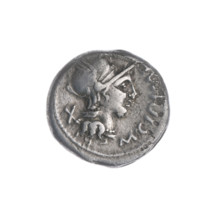 Denarius, Cipius, M. (fl. 115–114 BC), publisher; obverse: head of Roma in a helmet facing right,