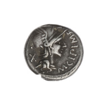 Denarius; maker: M. Cipius (publisher, fl. 115–114 BC). Obverse: Head of Roma wearing helmet facing