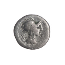 Denarius; issuer: M. Cipius (fl. 115–114 BC), publisher. Obverse: Head of Roma wearing a helmet