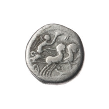Denarius attributed to M. Cipius (fl. 115–114 BC). Obverse: head of Roma wearing a helmet facing