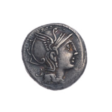 Denarius; obverse: helmeted head of Roma right, behind her a quadrangular device; beaded border.