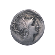Denarius, Claudius Pulcher, C. (fl. 110–109 BC), publisher. Obverse: head of Roma wearing a helmet