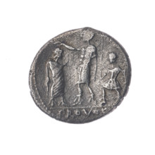 Denarius, Porcius Laeca, P. (fl. 110–109 BC), publisher. Obverse: Head of Roma with a helmet facing