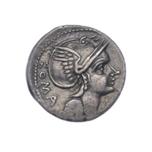 Denarius, Flaminius Chilo, L. (fl. 109–108 BC), publisher; obverse: head of Roma in a helmet right,
