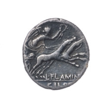 denarius, Flaminius Chilo, L. (fl. 109–108 BC), publisher; bigas, horses; message; laurel wreath
