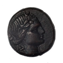 Bronze coin, Pantikapaion; obverse: head of young Dionysus in an ivy wreath facing right; reverse: