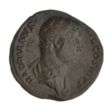 Sestertius of Hadrian (76–138; Roman Emperor 117–138). Obverse: Bust of Hadrian facing right in