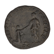Sestertius of Hadrian (76–138; Roman Emperor 117–138). Obverse: bust of Hadrian facing right in
