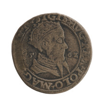 Lithuanian trojak, Sigismund II Augustus (King of Poland; 1544–1572). Obverse: crowned male bust in