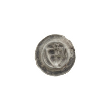 Denarius - bracteate; triangular shield with a cross whose arms reach the edge; trefoil above the