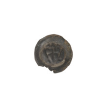 Denarius (bracteate); triangular shield with a cross whose arms reach the edge; two balls above the