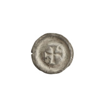 Denarius (bracteate) with isosceles cross with expanding, split arms; in one angle a six-pointed