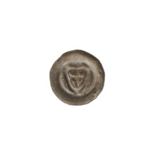 Denarius bracteate; one-sided coin depicting a triangular shield with a cross whose arms reach the