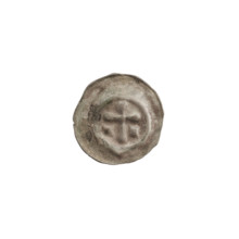 Denarius bracteate, one-sided coin depicting a Latin cross with rounded arm ends; on both sides of