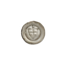 Denarius-bracteate; one-sided coin depicting a triangular shield with a cross whose arms reach the