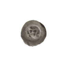 Denarius (bracteate). One-sided coin showing a triangular shield with a cross whose arms reach the