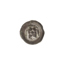 Denarius (bracteate). One-sided coin depicting a gate (Gate II) topped with three pillars
