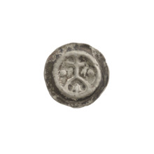 Denarius — bracteate; one-sided coin depicting a cross supported by an arch (arcade) with stars; a